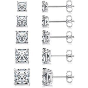 Cubic zirconia stud earrings set 5 pairs square cut gold hypoallergenic